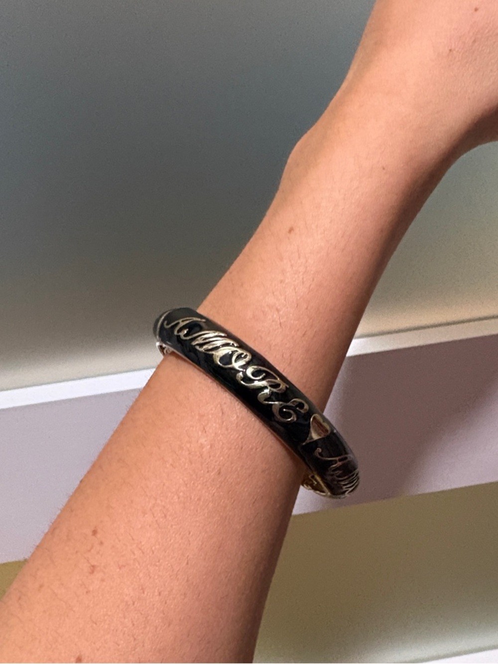 Black Enamel and Gold Script Bangle Bracelet